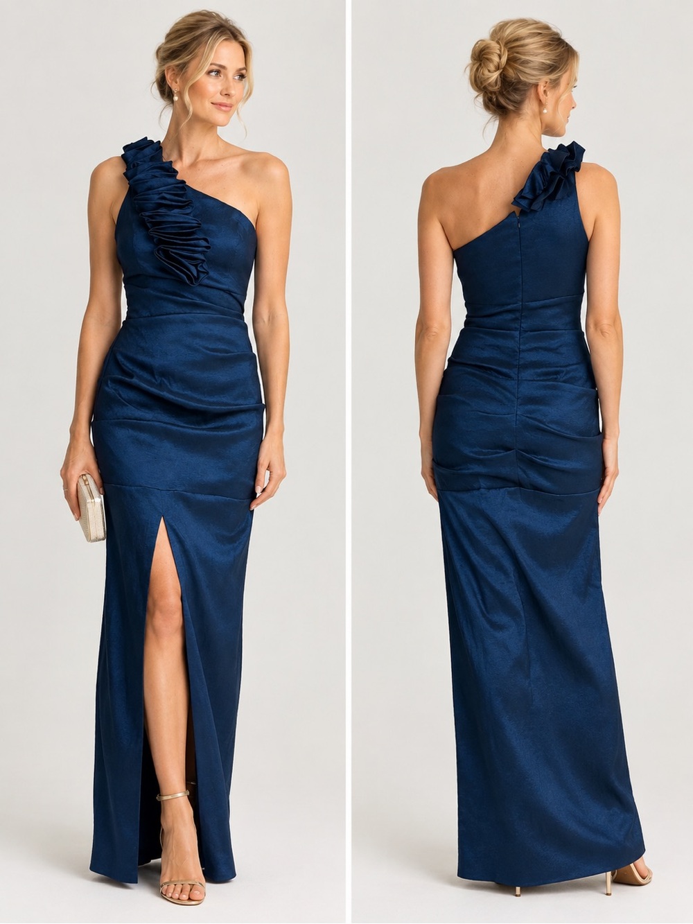 Betsy & Adam $289 Navy Blue Taffeta One Shoulder Evening Gown 10535 sz 4 EUC